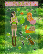 Y2K themed sticker sheet with illustration of a girl and bugs.