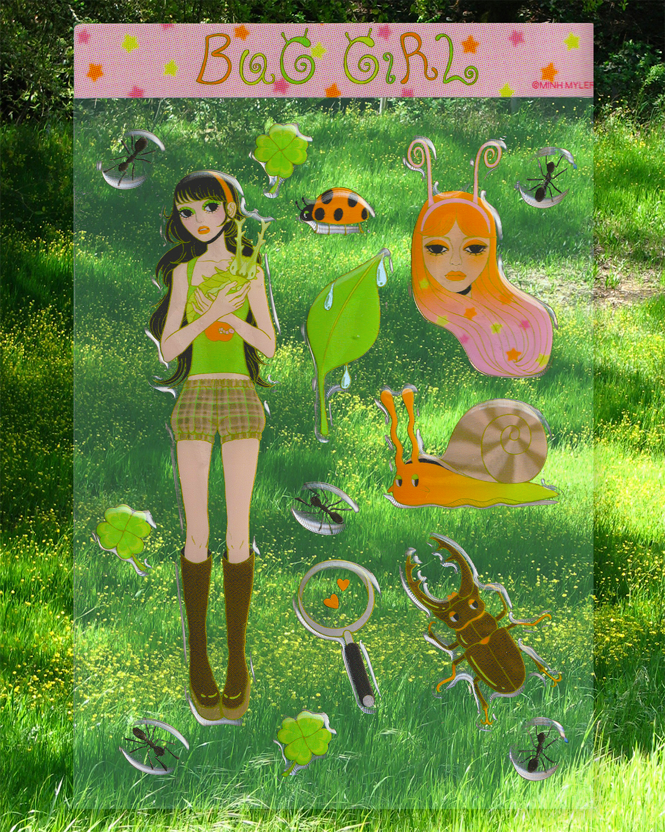Y2K themed sticker sheet with illustration of a girl and bugs.