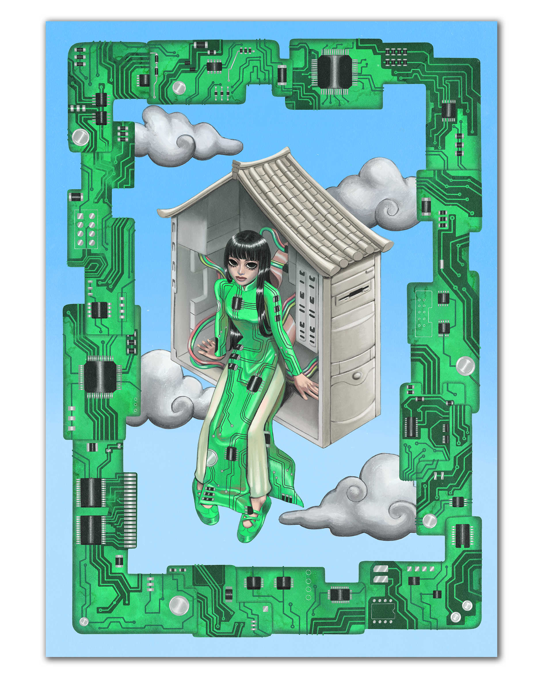 Print of an illustration of a girl wearing Vietnamese ao Dai with a circuitboard pattern sitting in an old computer in the sky. There is a circuitboard border around the girl. 
