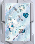 Holographic sticker sheet with anime style girl and retro gaming consoles. Cyber angel y2k style. 