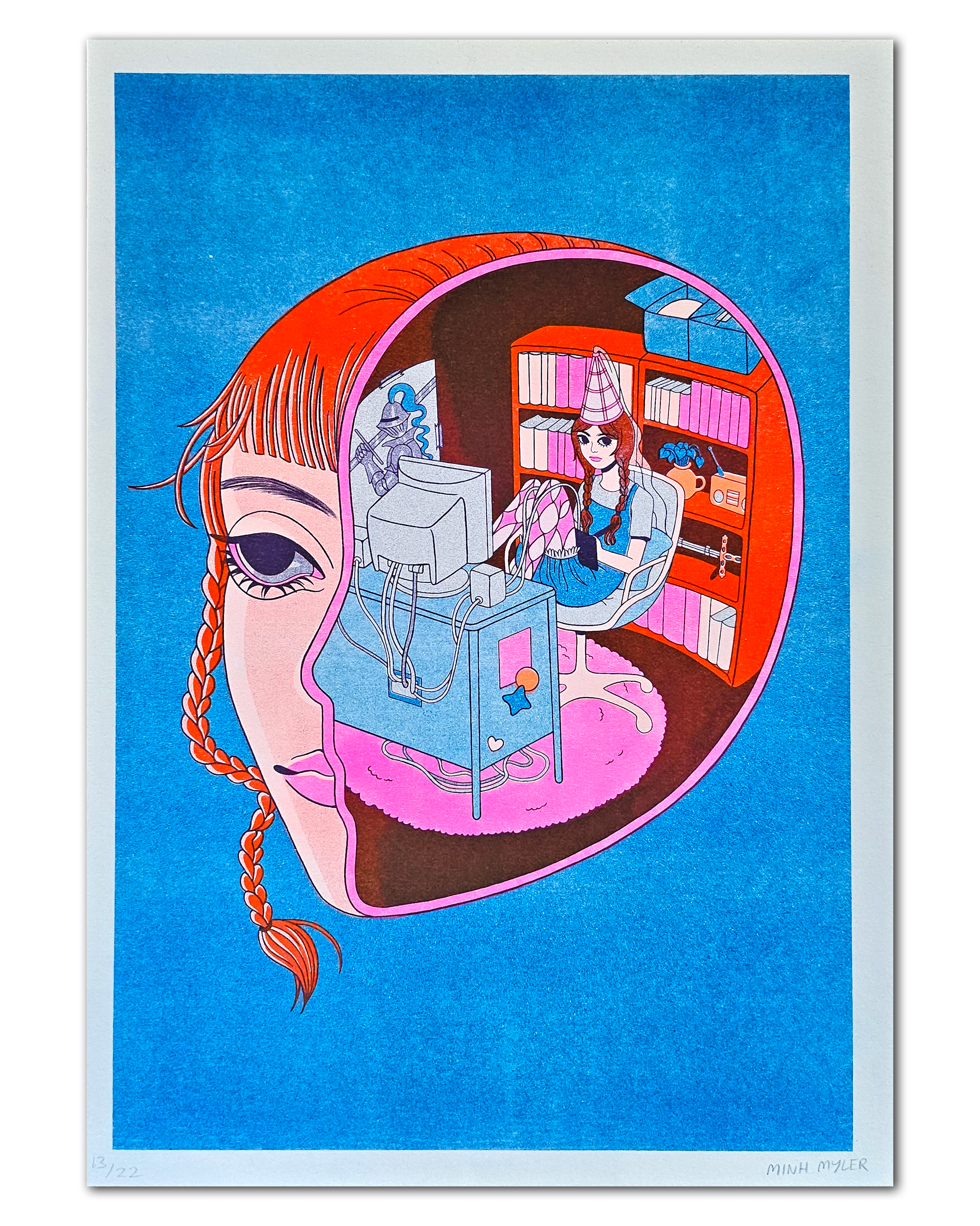 Riso Print of a woman's head with red braids spliced in half to show an interior of her head filled with a room. In the room holds a girl drawing on the computer. Bright colours like neon pink, red and blue are used. 