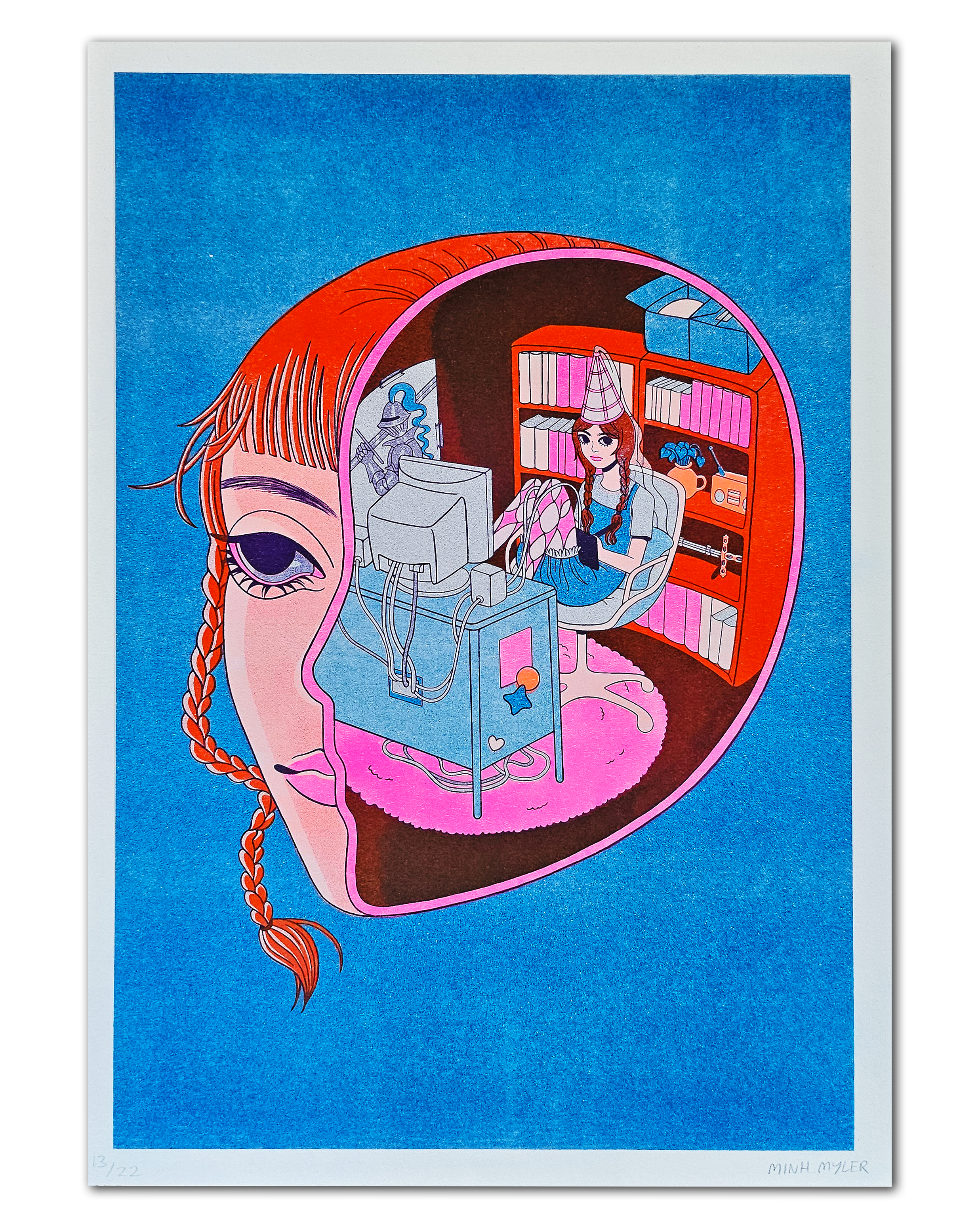 Riso Print of a woman's head with red braids spliced in half to show an interior of her head filled with a room. In the room holds a girl drawing on the computer. Bright colours like neon pink, red and blue are used. 