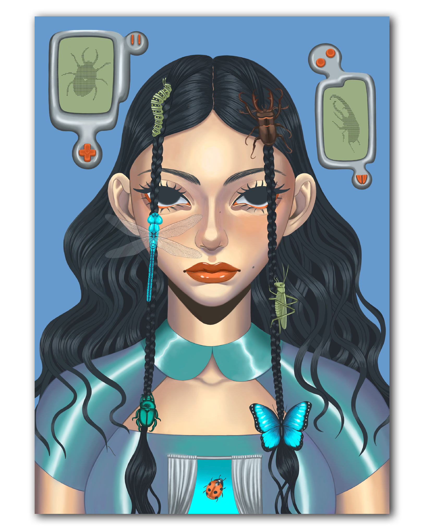 Illustration of a woman with long dark hair and bugs attached to each of her braids. 