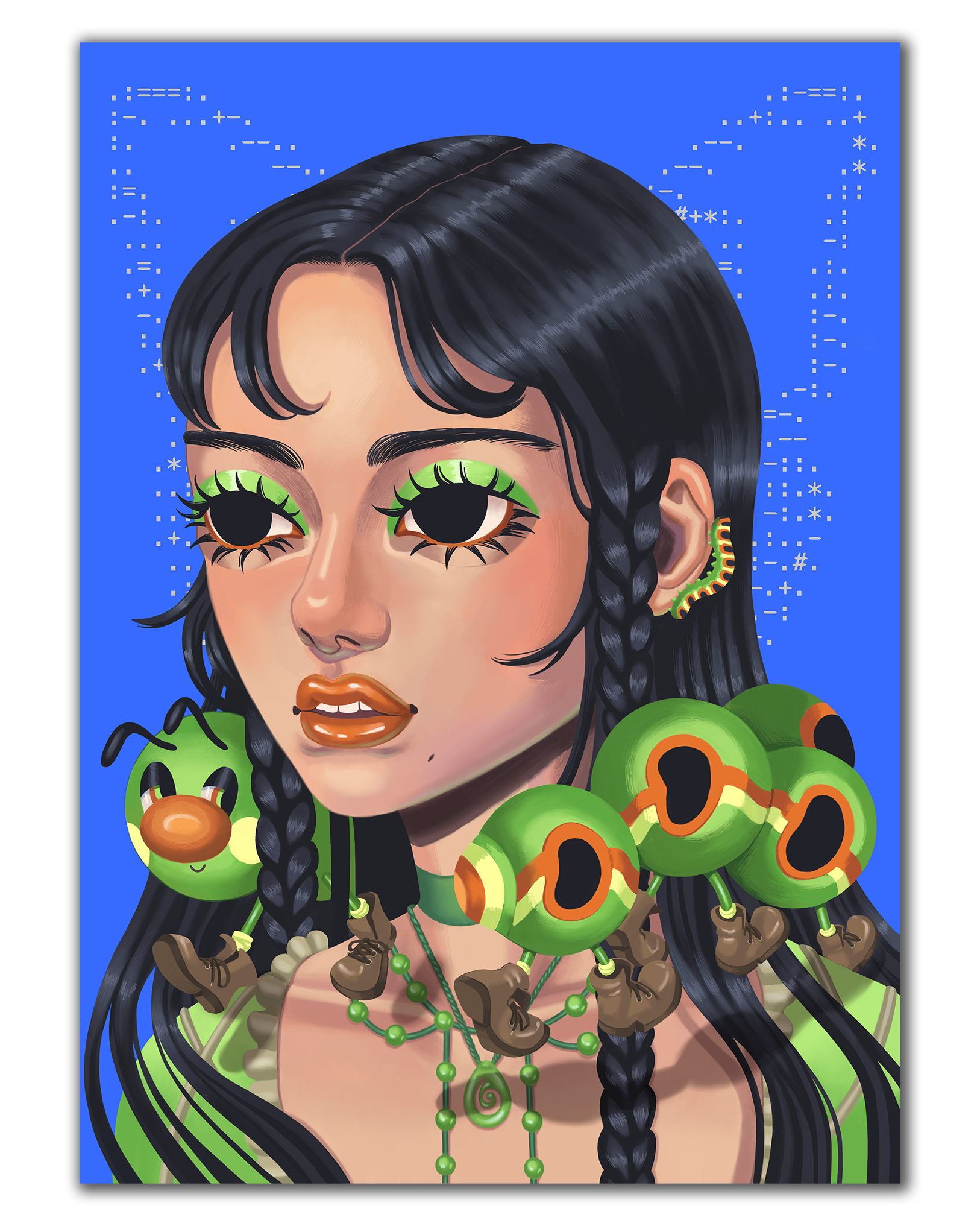 Illustration of a woman with black hair and green eyeshadow with a caterpillar dancing around her neck. Bright blue background.