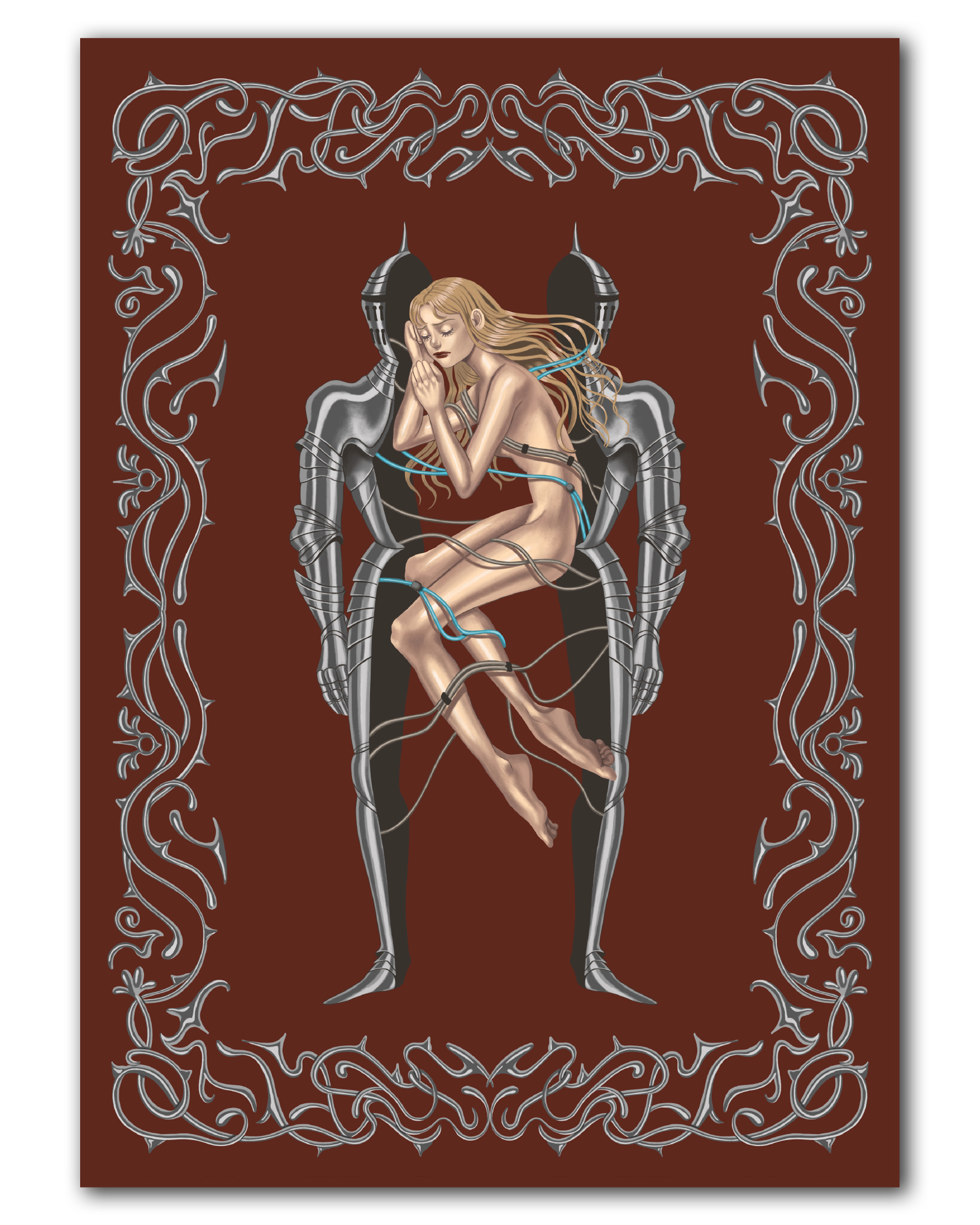 Art print of a woman split between a piece of armour with an intricate fantasy metallic border around her.