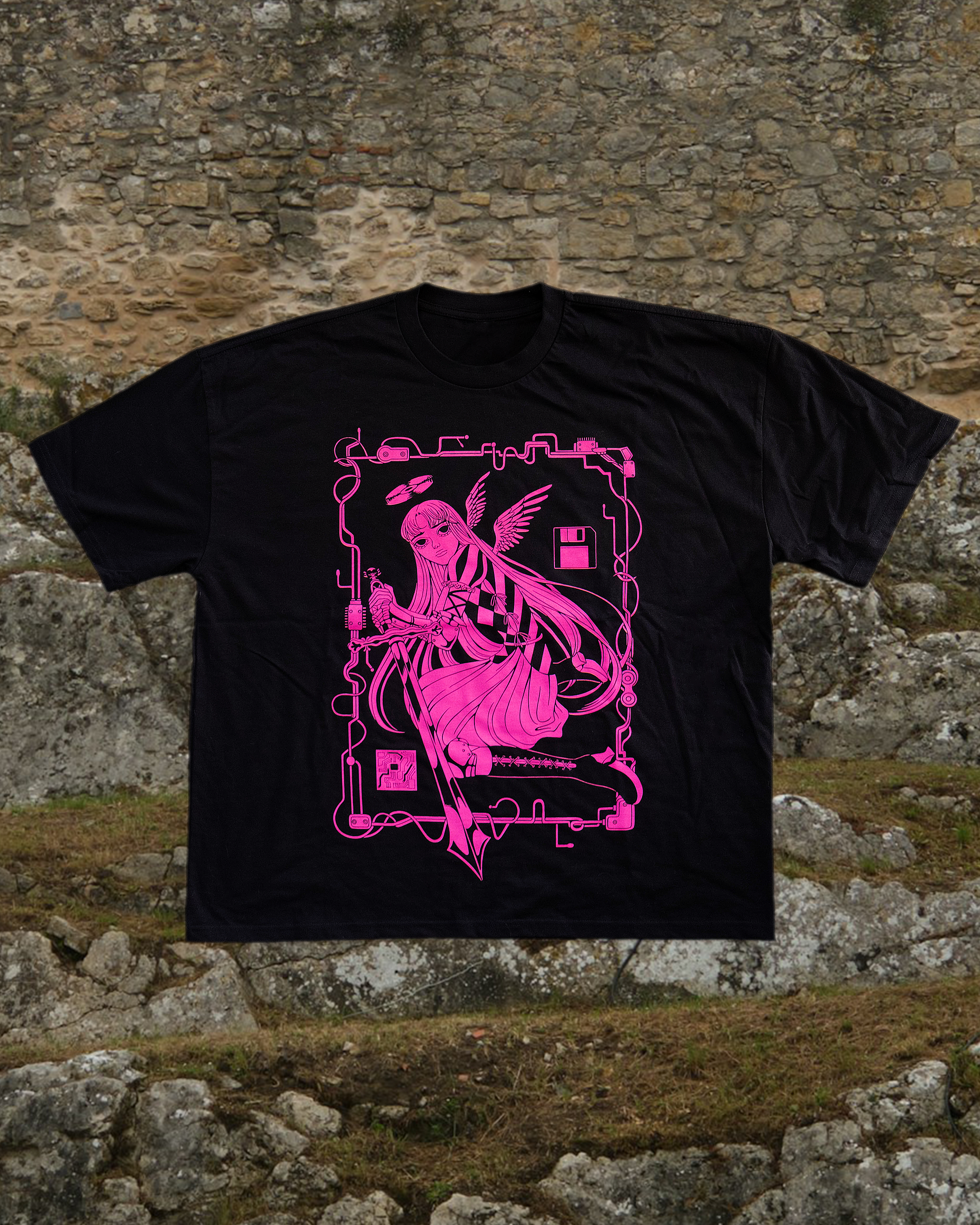 Black t-shirt with pink angel illustration  screen printed