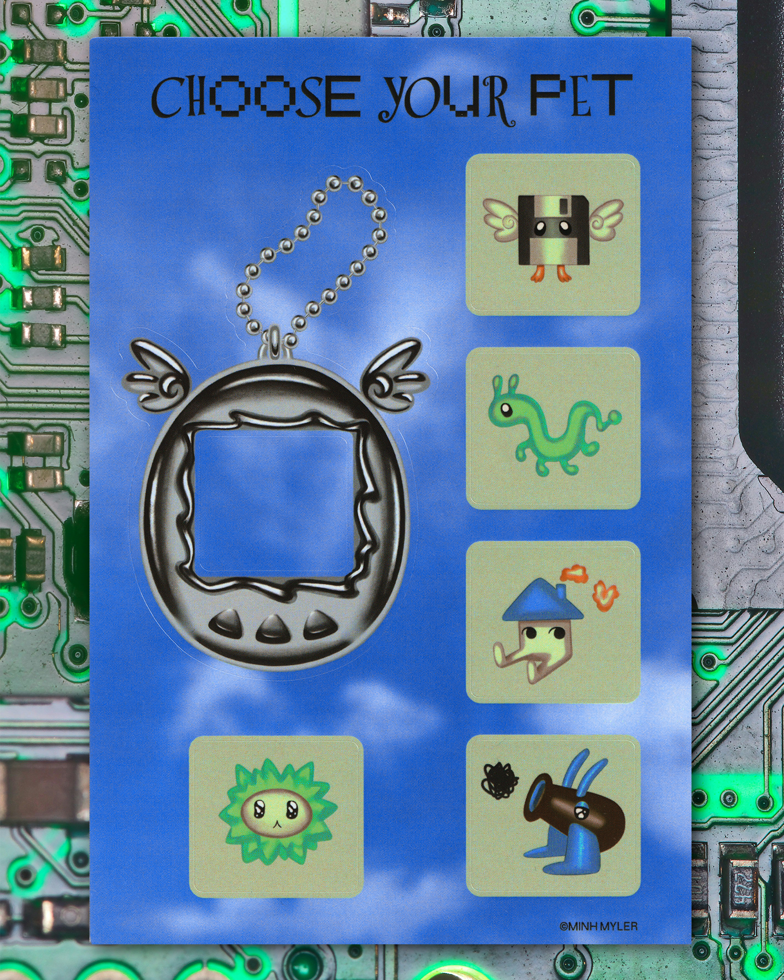 Sticker Sheet with Tamagotchi device and creatures. 