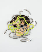 Transparent Sticker of a boy with a stylized face and tangled wires.